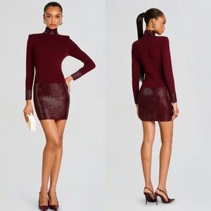 Retrofete Rue Crystal Trimmed Cashmere Blend Long Sleeve Mini Dress Maroon